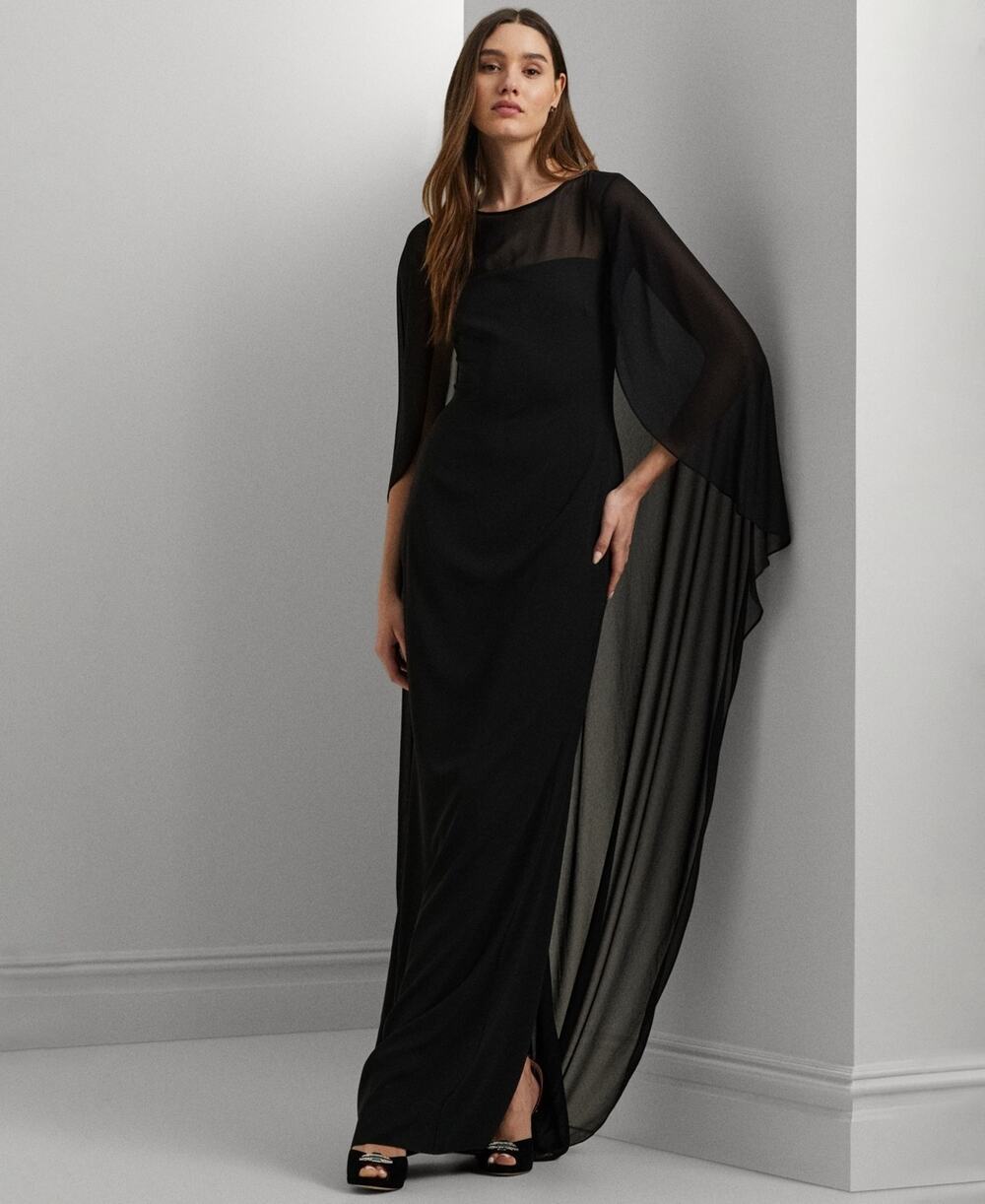 Lauren Ralph Lauren Women's Cape Georgette Gown Black Size 14 3841